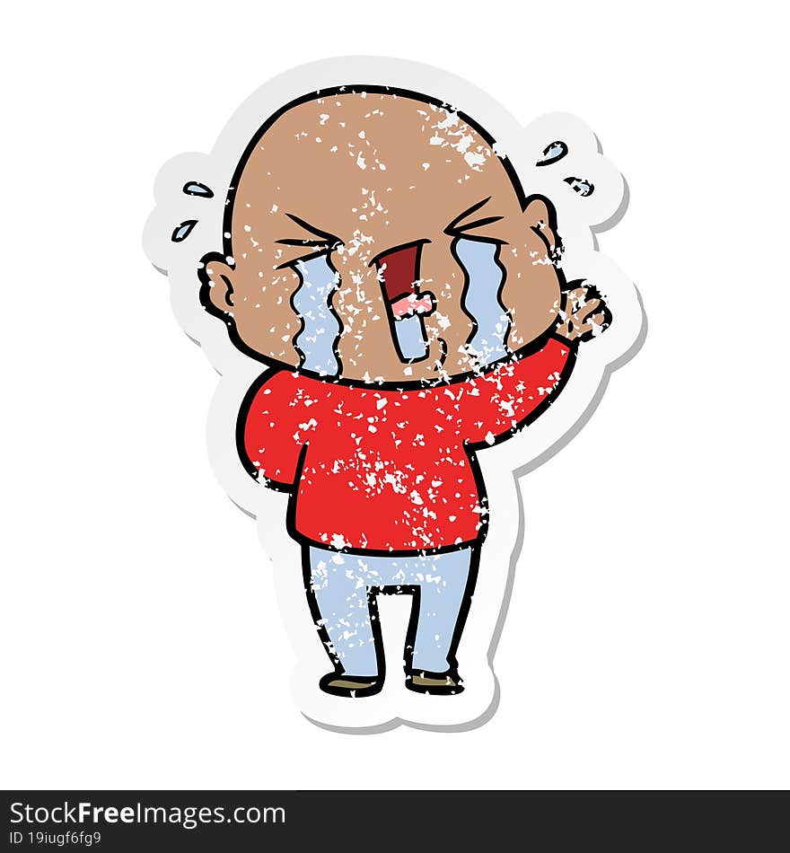 distressed sticker of a cartoon crying bald man