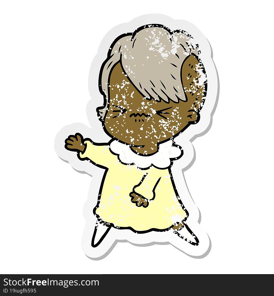 distressed sticker of a cartoon annoyed hipster girl