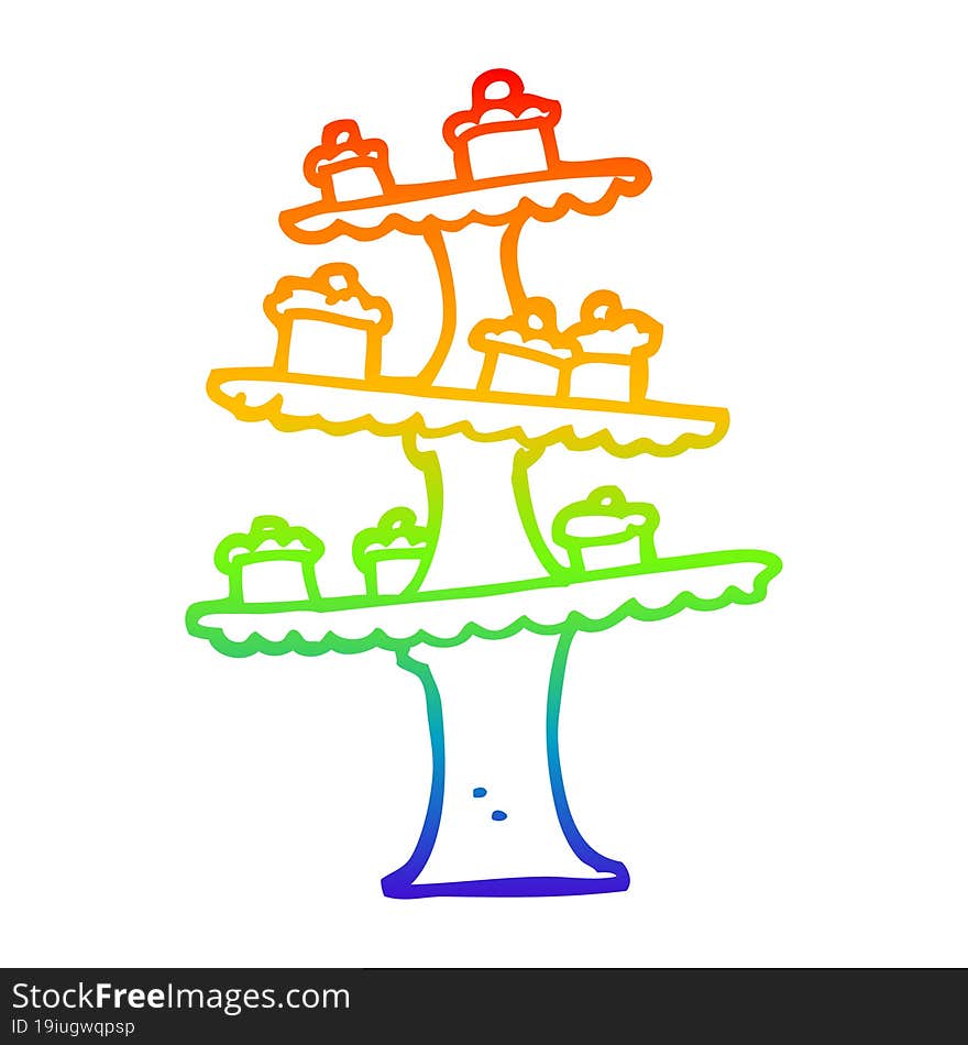 rainbow gradient line drawing of a cartoon cake stand