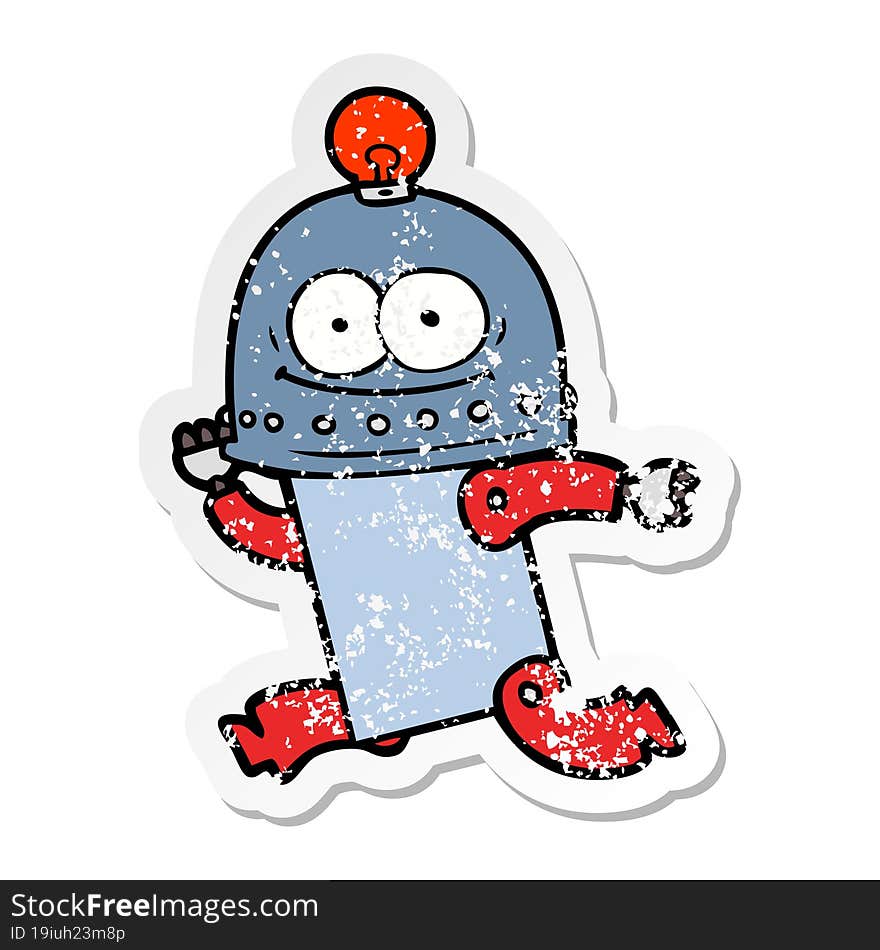 distressed sticker of a happy carton robot with light bulb