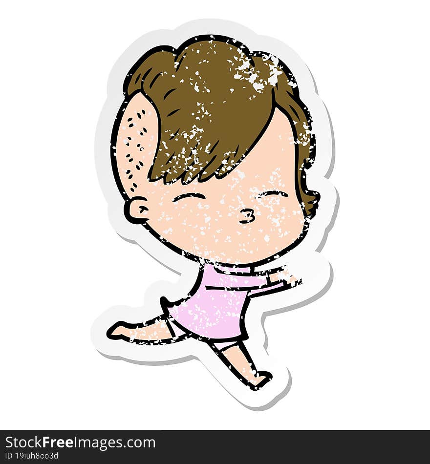 distressed sticker of a cartoon squinting girl running