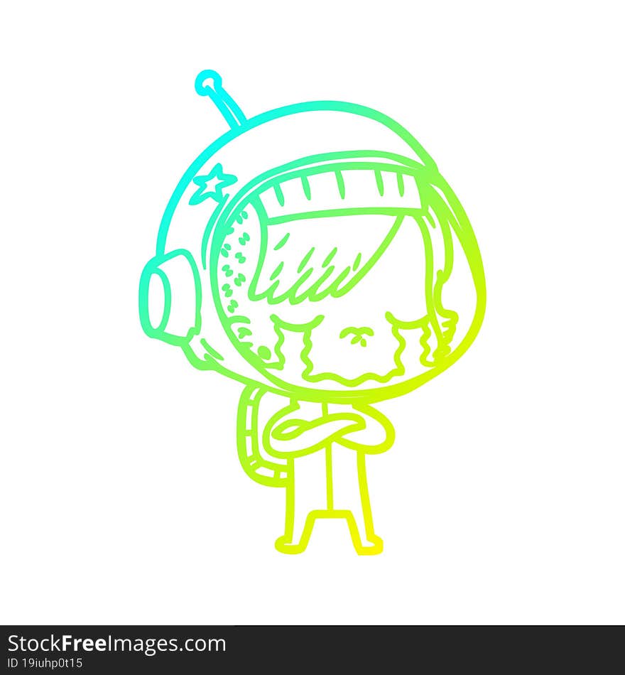 cold gradient line drawing of a cartoon crying astronaut girl