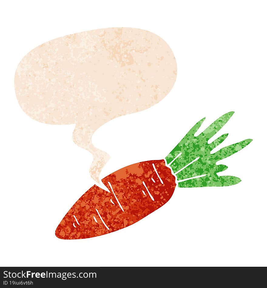 cartoon carrot and speech bubble in retro textured style