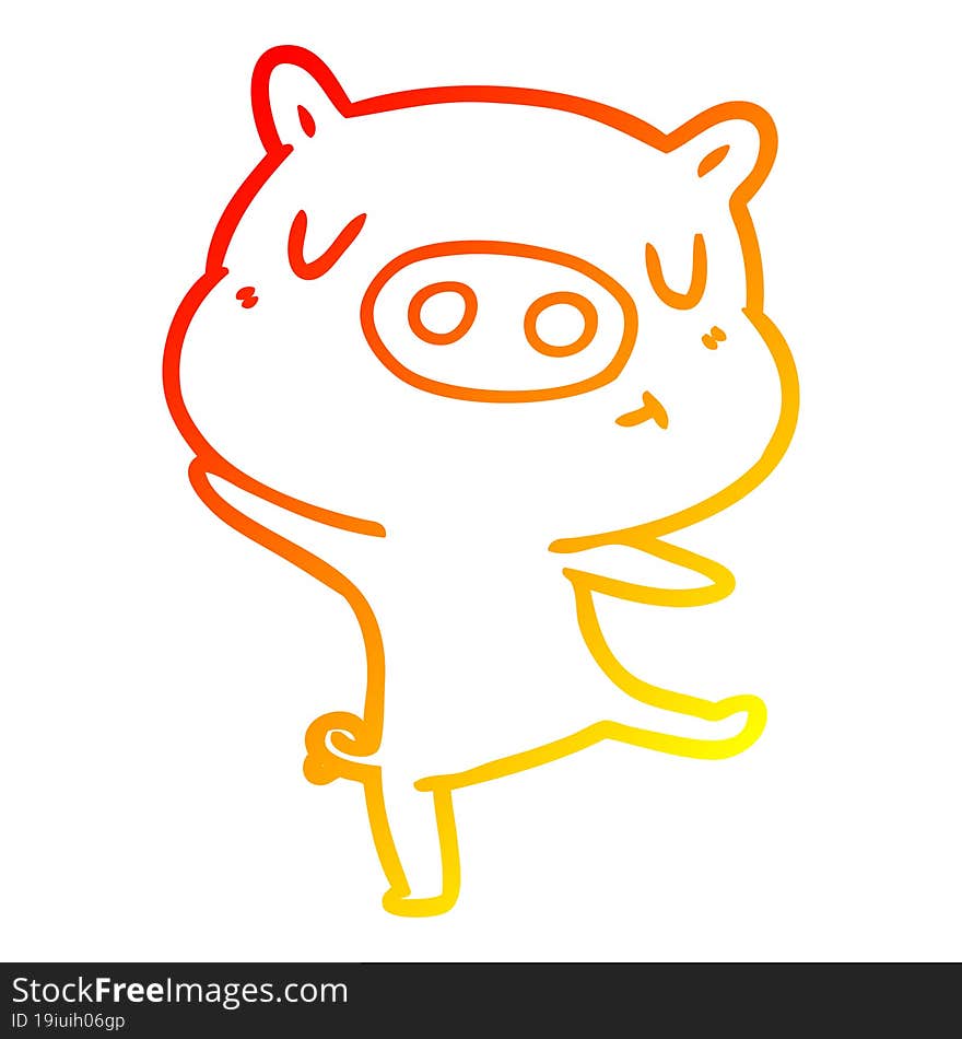 warm gradient line drawing of a cartoon pig dancing