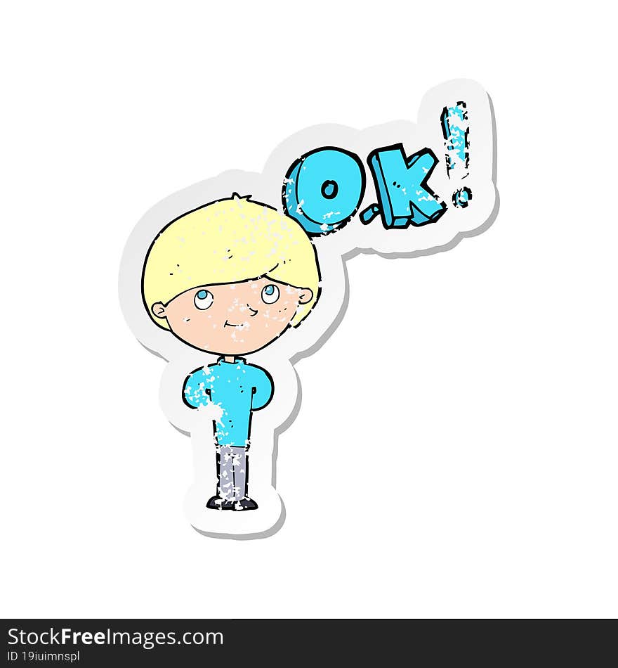 Retro Distressed Sticker Of A Cartoon Man Thinking OK