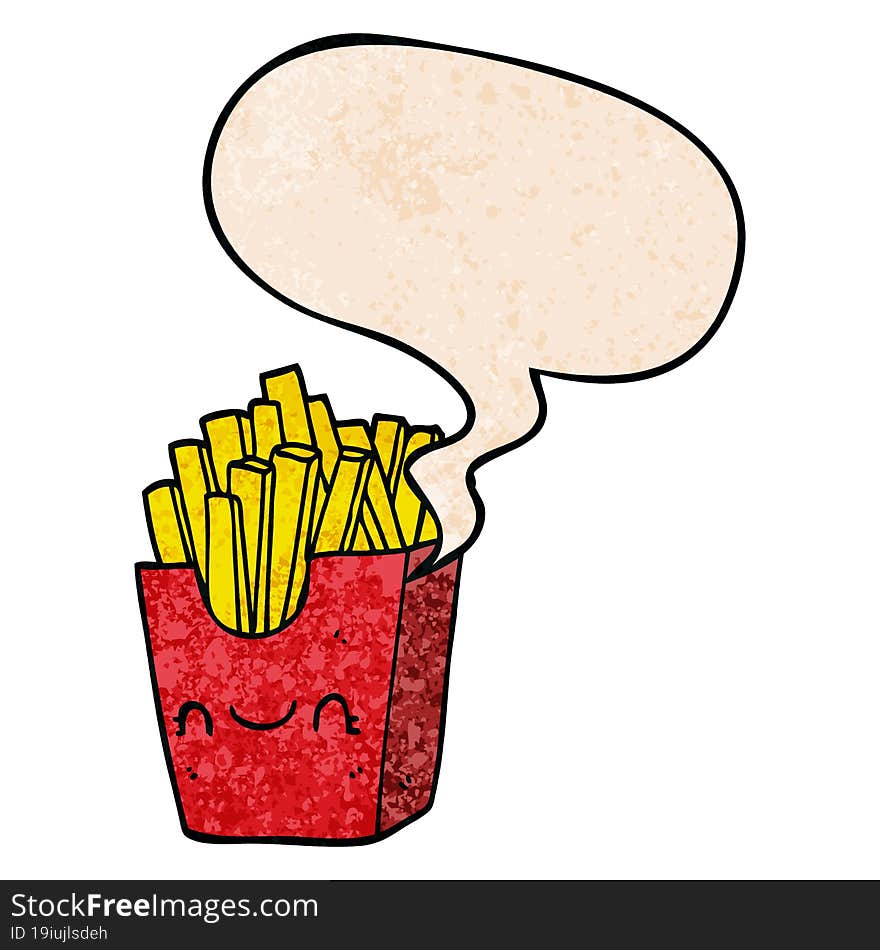 cartoon fries in box and speech bubble in retro texture style