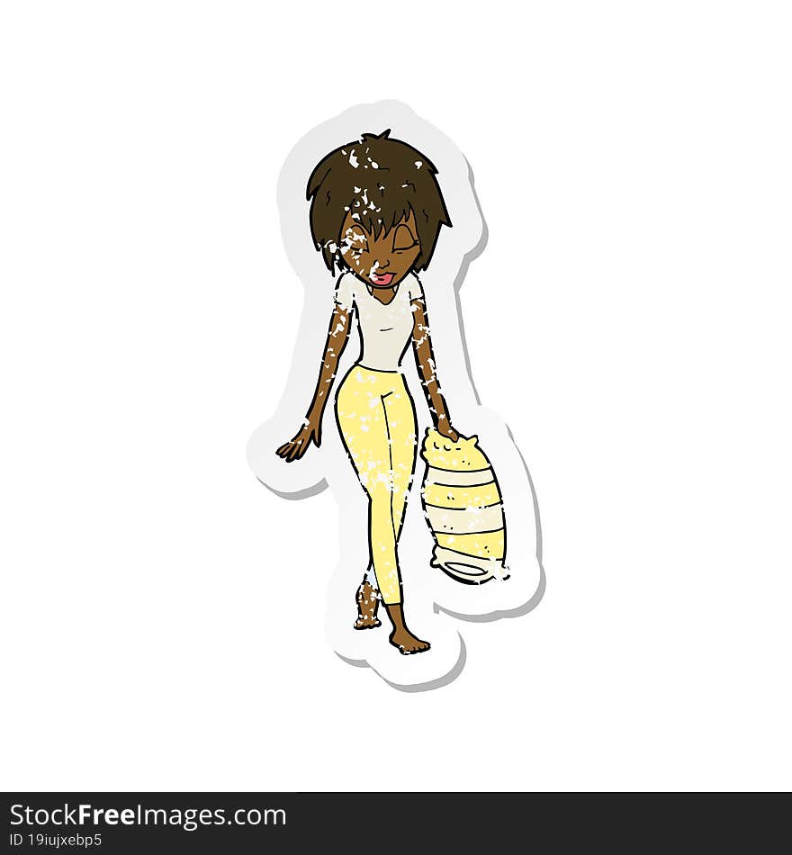 Retro Distressed Sticker Of A Cartoon Woman Going To Bed