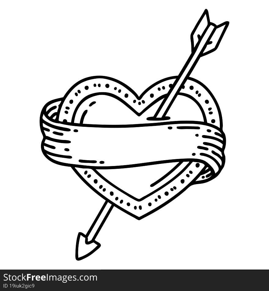 black line tattoo of an arrow heart and banner