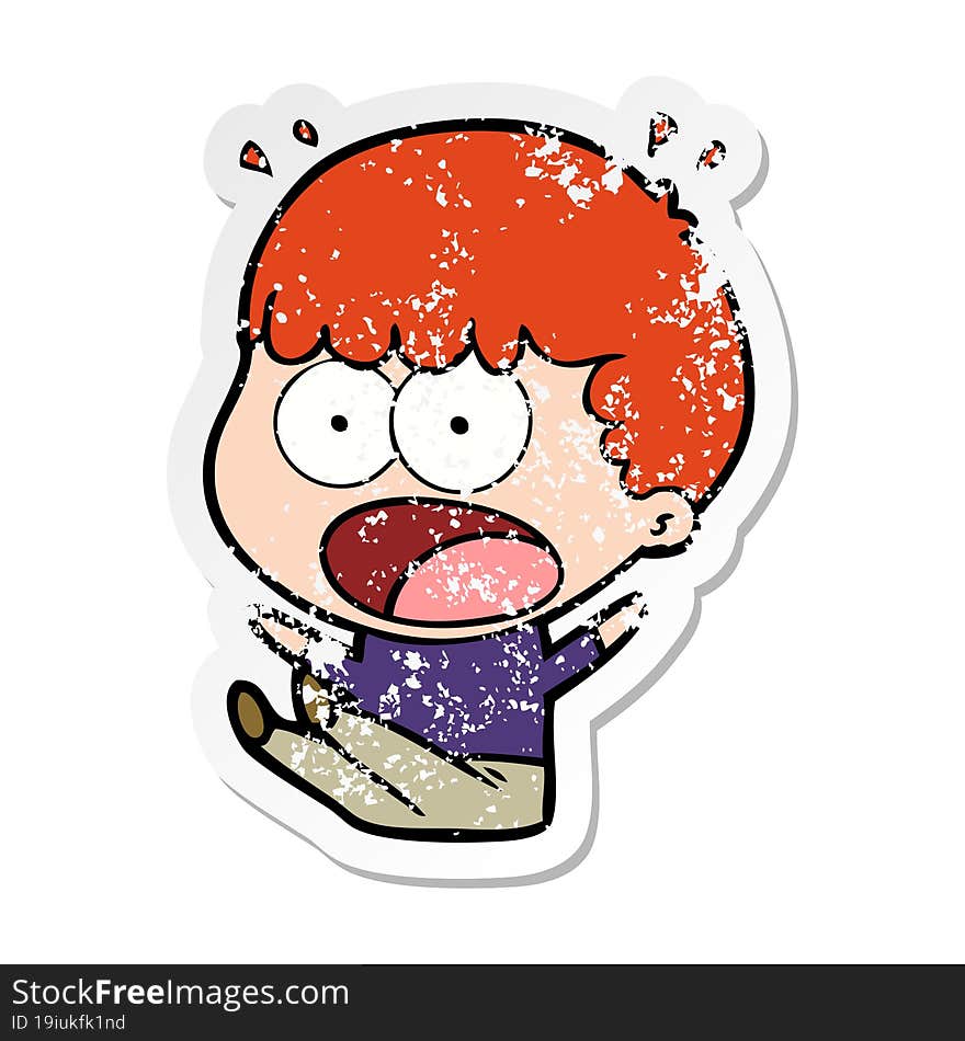 distressed sticker of a cartoon shocked man