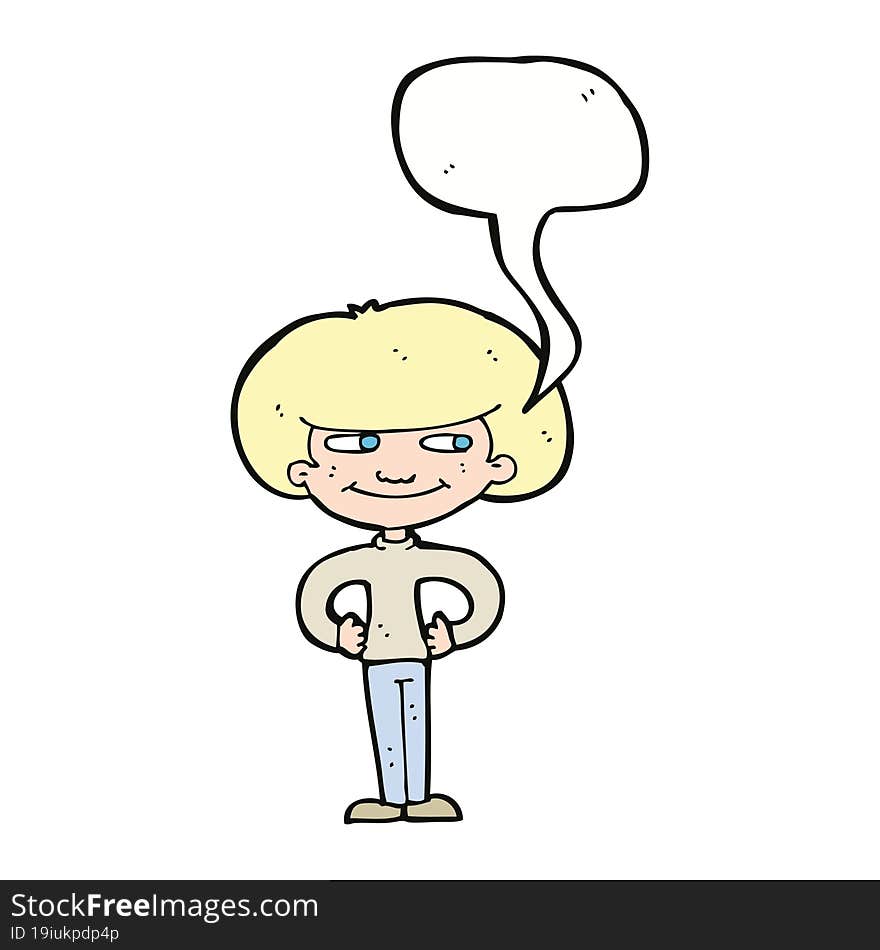 cartoon boy with hands on hips with speech bubble