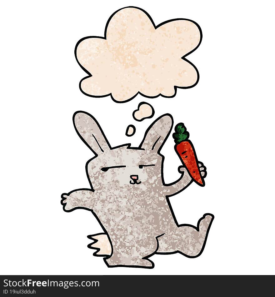 Cartoon Rabbit With Carrot And Thought Bubble In Grunge Texture Pattern Style