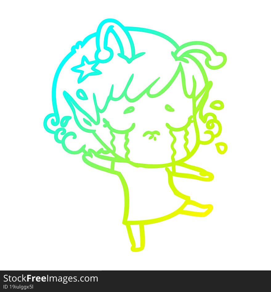 cold gradient line drawing cartoon crying alien girl