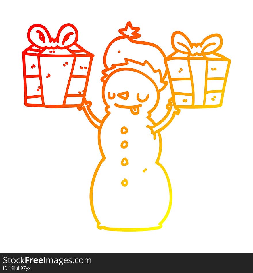 warm gradient line drawing of a cartoon snowman with present