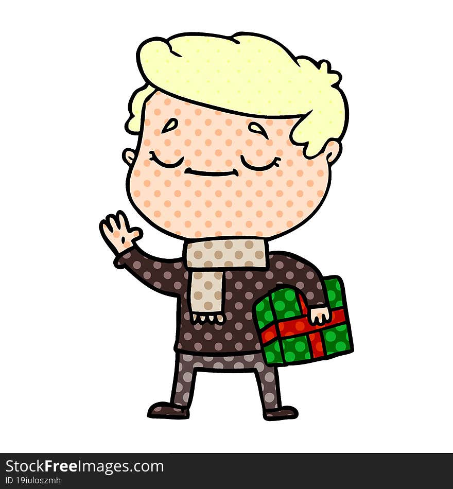 cartoon man carrying christmas present waving. cartoon man carrying christmas present waving