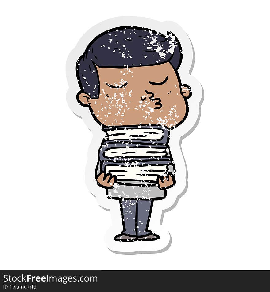 distressed sticker of a cartoon model guy pouting holding books