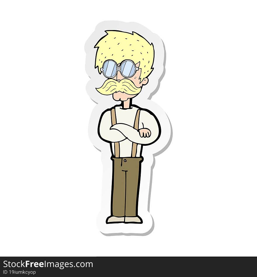 sticker of a cartoon hipster man with mustache and spectacles