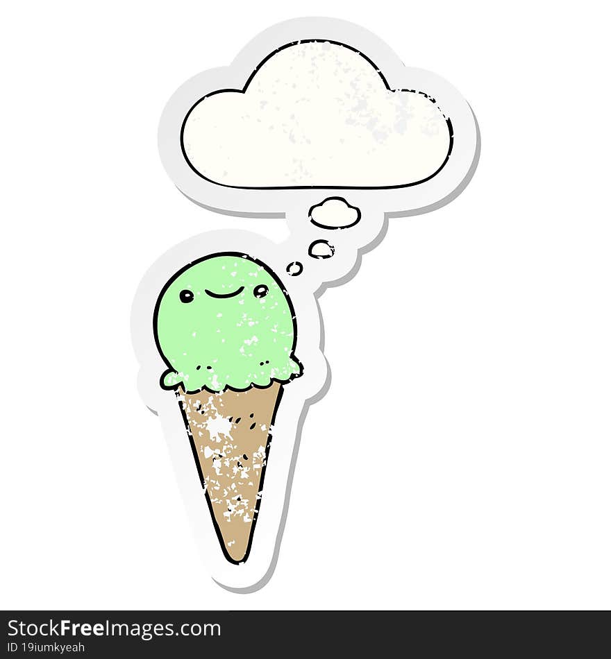 Cartoon Ice Cream And Thought Bubble As A Distressed Worn Sticker