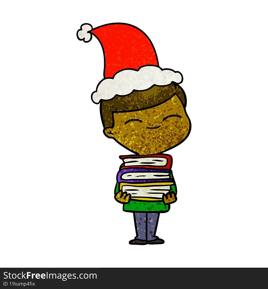 textured cartoon of a smiling boy with stack of books wearing santa hat