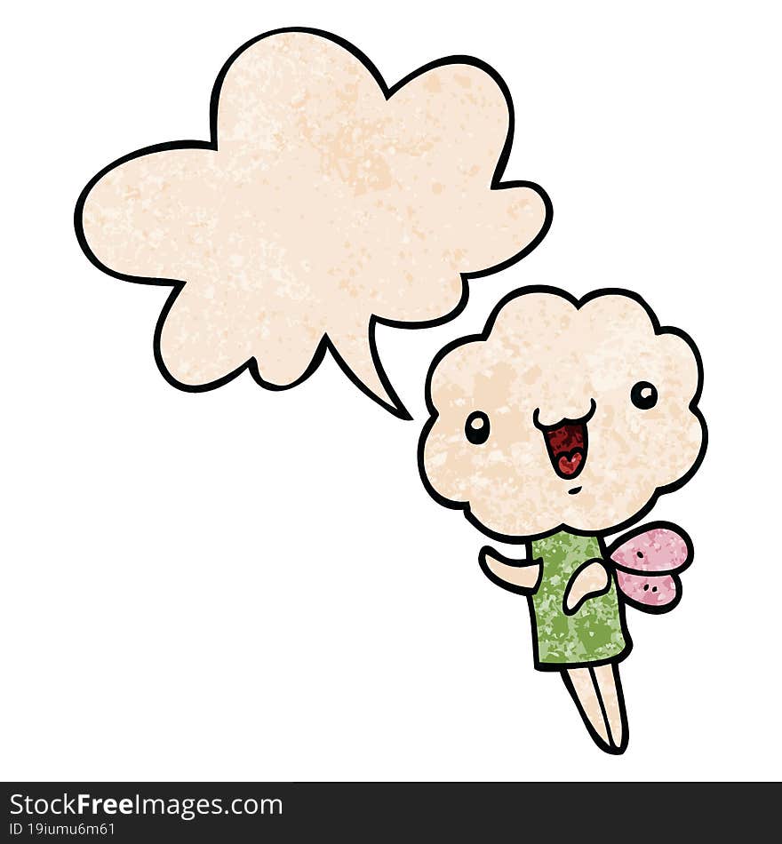 Cute Cartoon Cloud Head Creature And Speech Bubble In Retro Texture Style