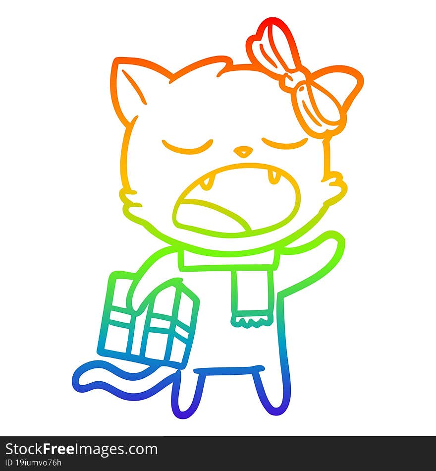 rainbow gradient line drawing of a cartoon cat with christmas present