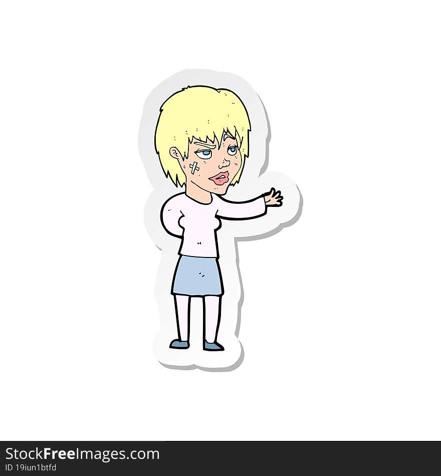 Sticker Of A Cartoon Woman With Sticking Plaster On Face