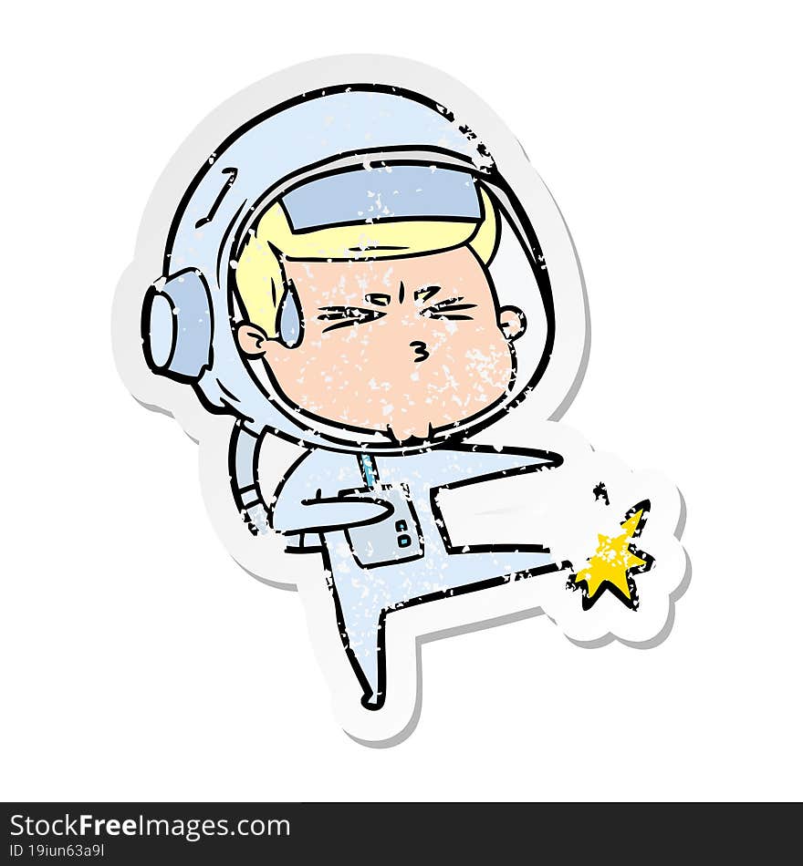 distressed sticker of a cartoon stressed astronaut