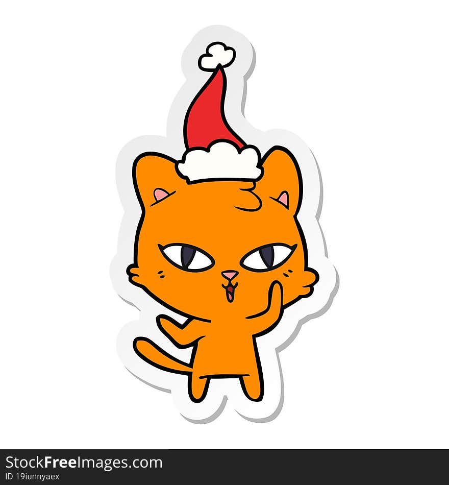 hand drawn sticker cartoon of a cat wearing santa hat