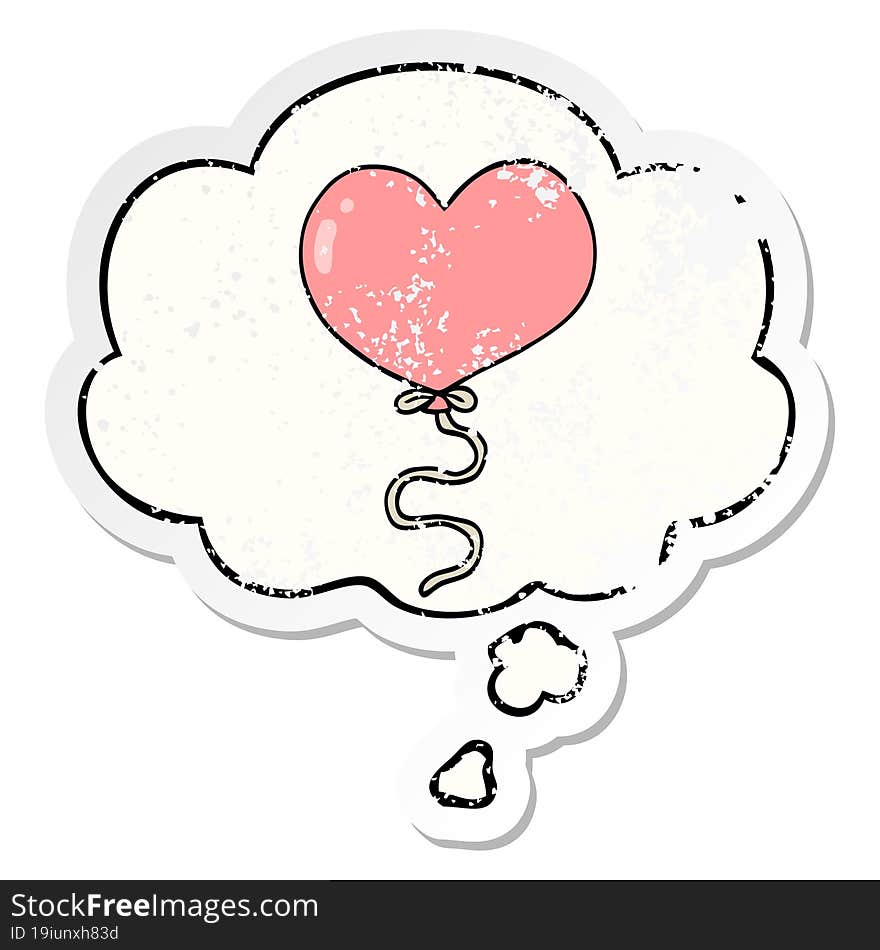 cartoon love heart balloon with thought bubble as a distressed worn sticker