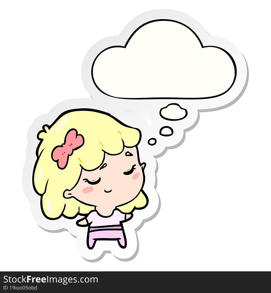 cartoon happy girl with thought bubble as a printed sticker