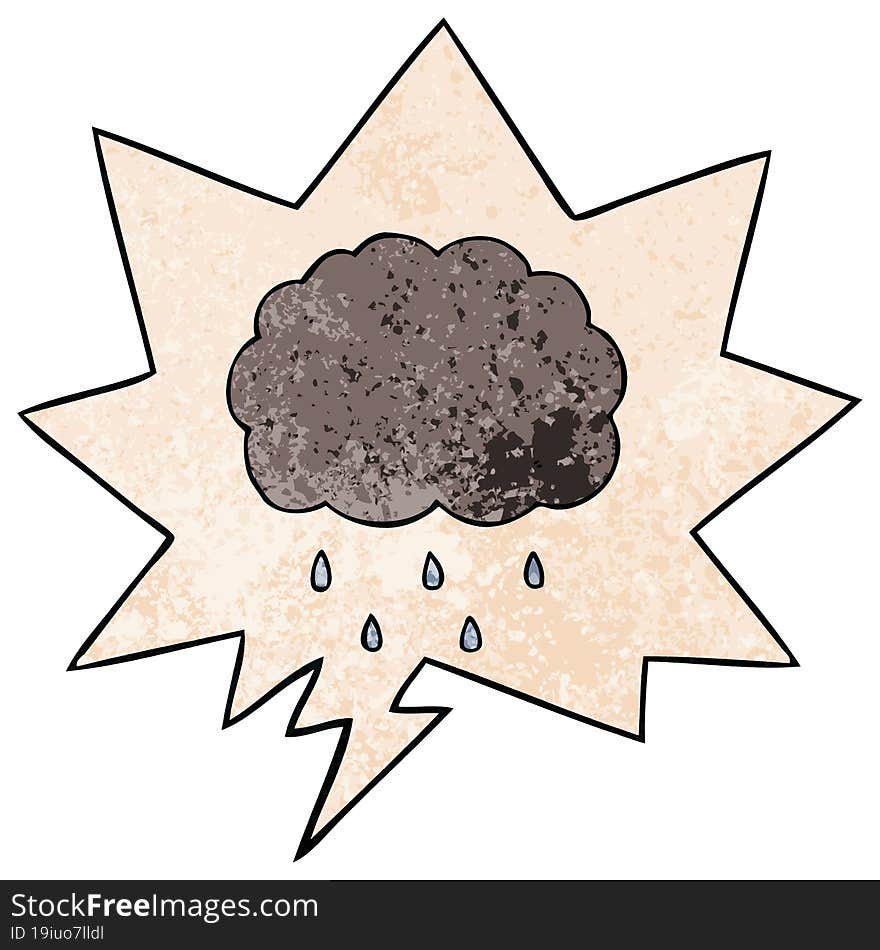 cartoon cloud raining and speech bubble in retro texture style