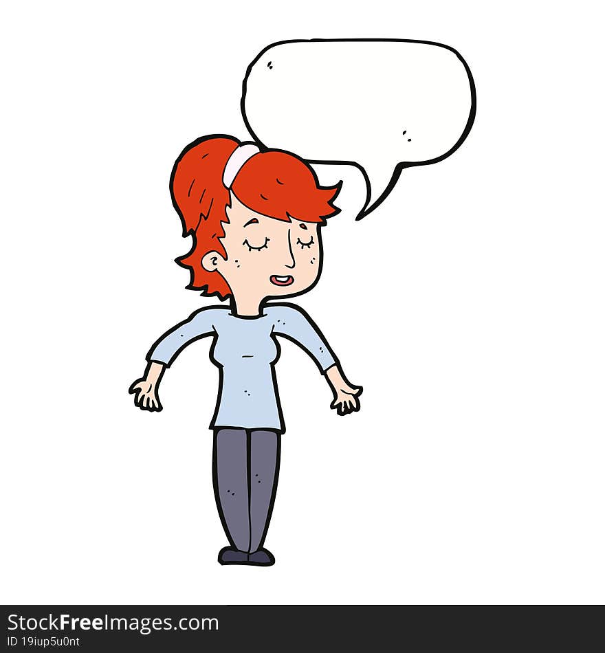 Cartoon Friendly Woman Shrugging Shoulders With Speech Bubble