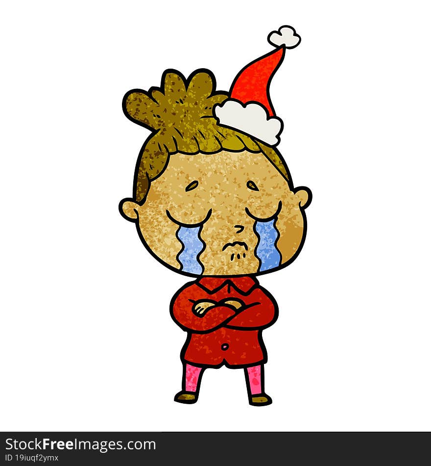 Textured Cartoon Of A Crying Woman Wearing Santa Hat