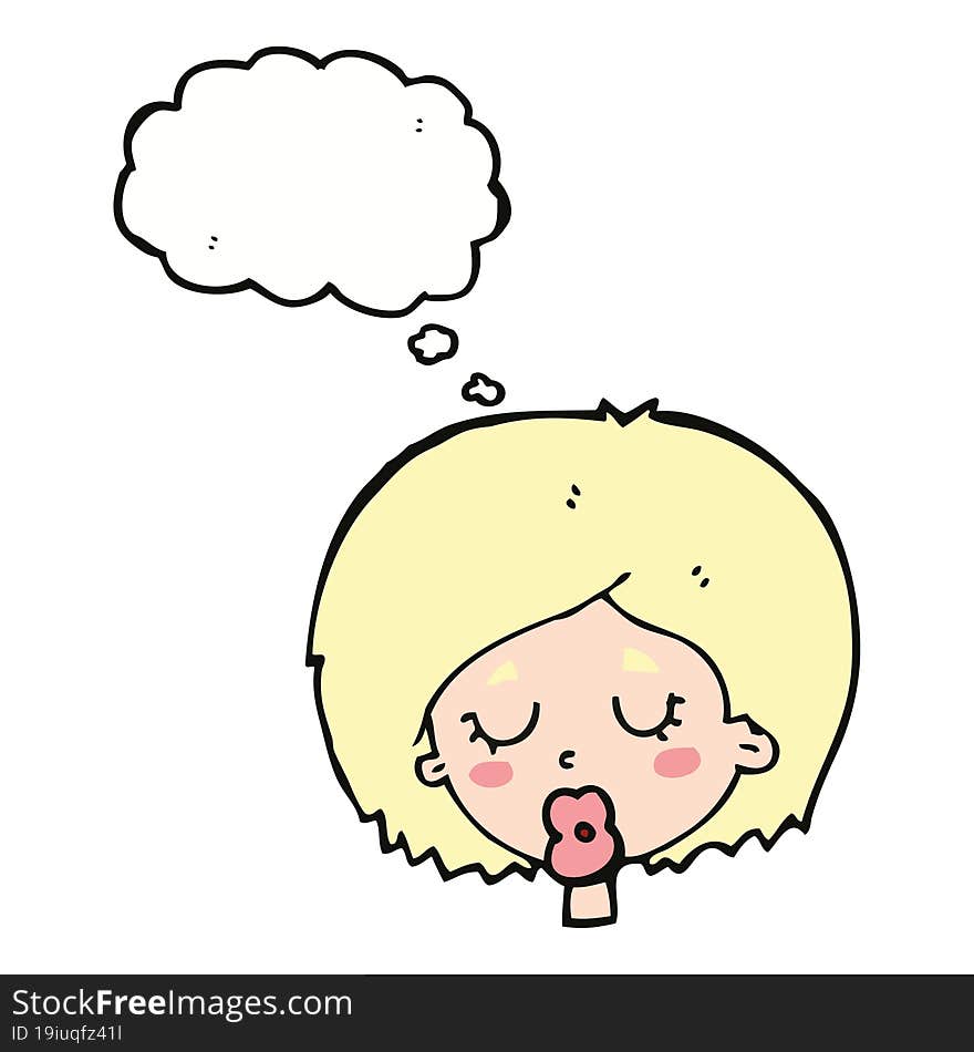 cartoon woman with eyes closed with thought bubble