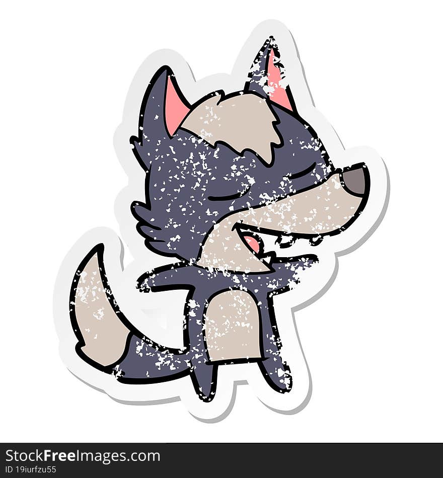 distressed sticker of a cartoon wolf laughing