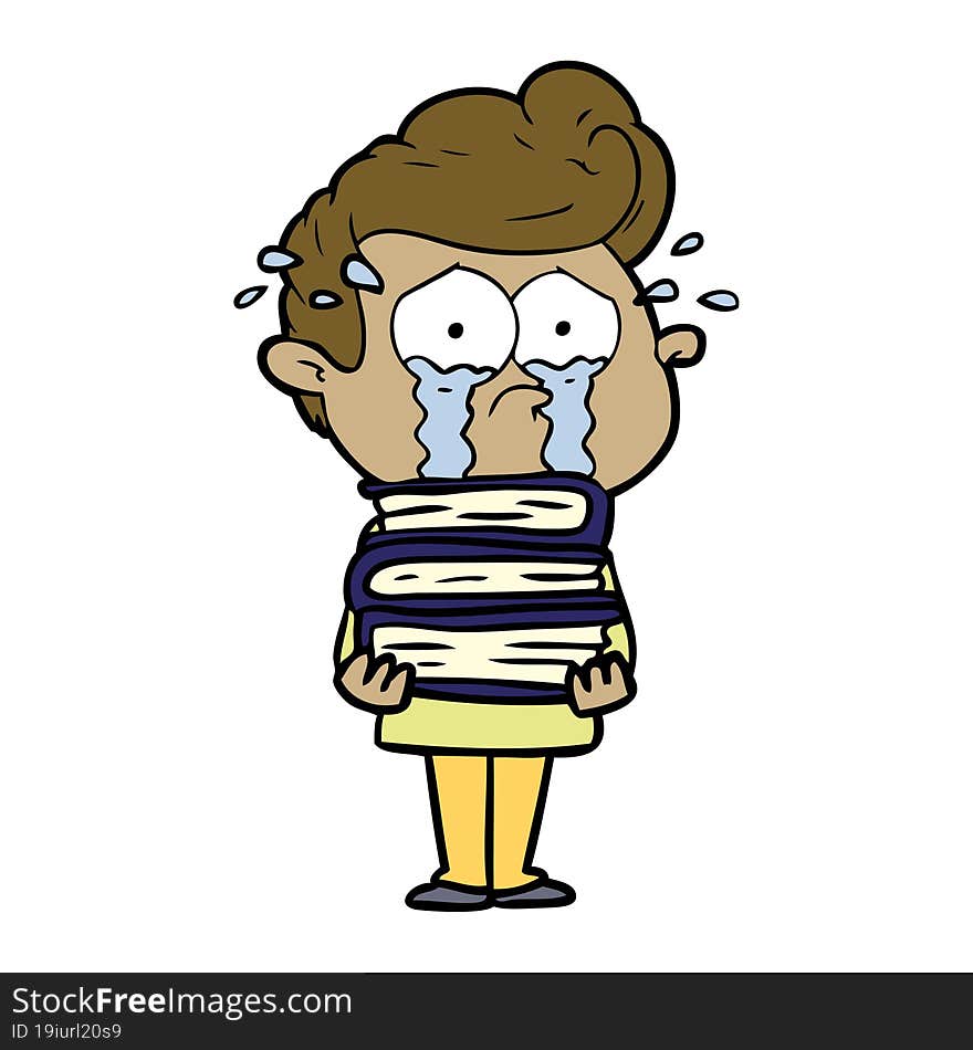 cartoon crying student with stack of books. cartoon crying student with stack of books