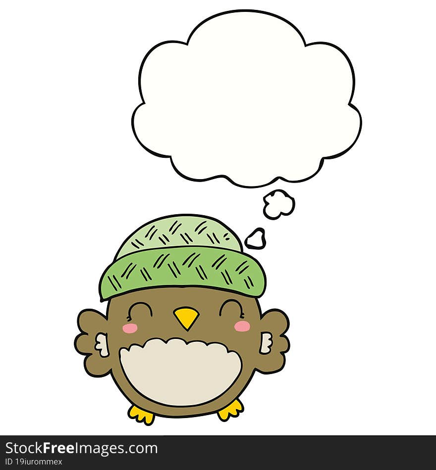 cute cartoon owl in hat and thought bubble