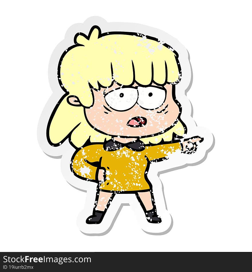 distressed sticker of a cartoon tired woman pointing