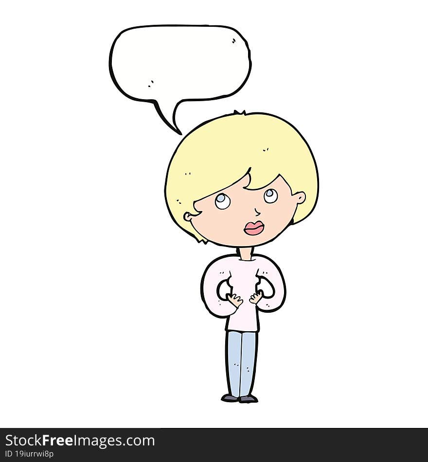 cartoon woman making Who Me gesture with speech bubble