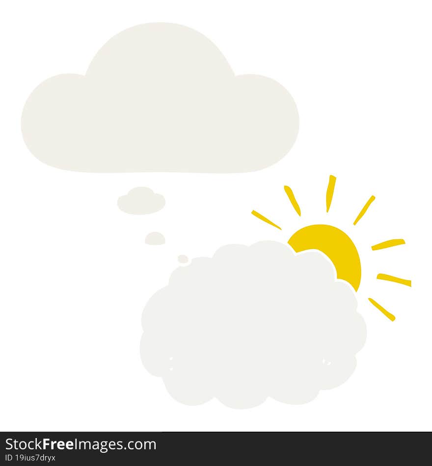 Cartoon Sun And Cloud Symbol And Thought Bubble In Retro Style