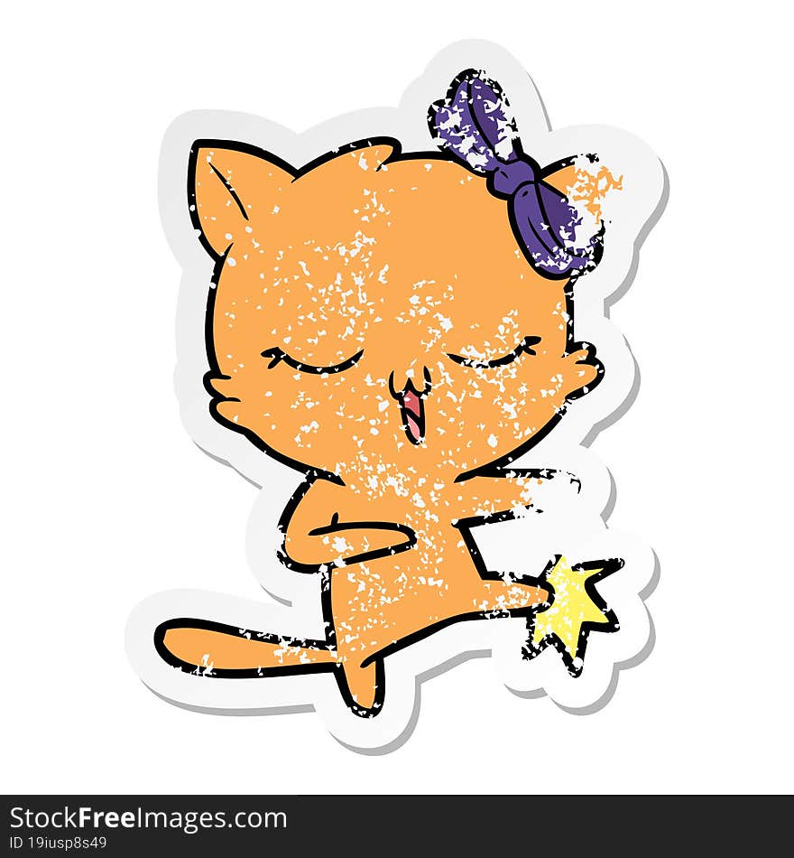 Distressed Sticker Of A Cartoon Cat With Bow On Head