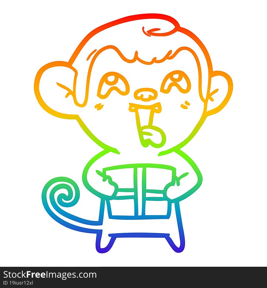 rainbow gradient line drawing crazy cartoon monkey with christmas present