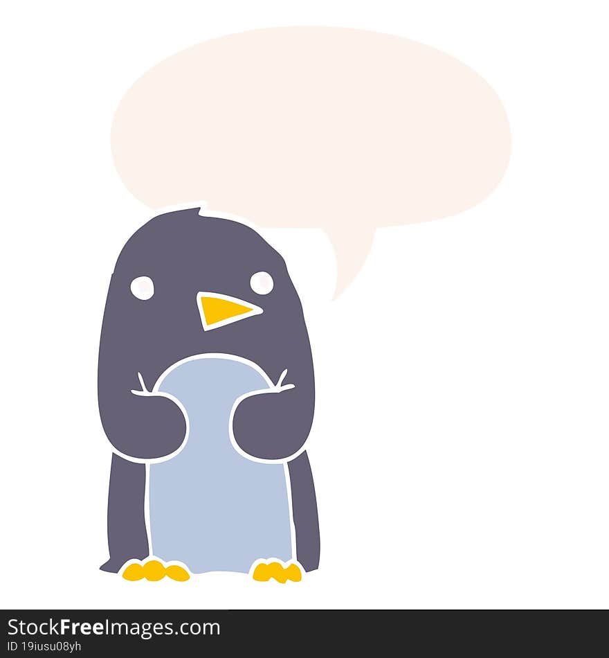 Cartoon Penguin And Speech Bubble In Retro Style