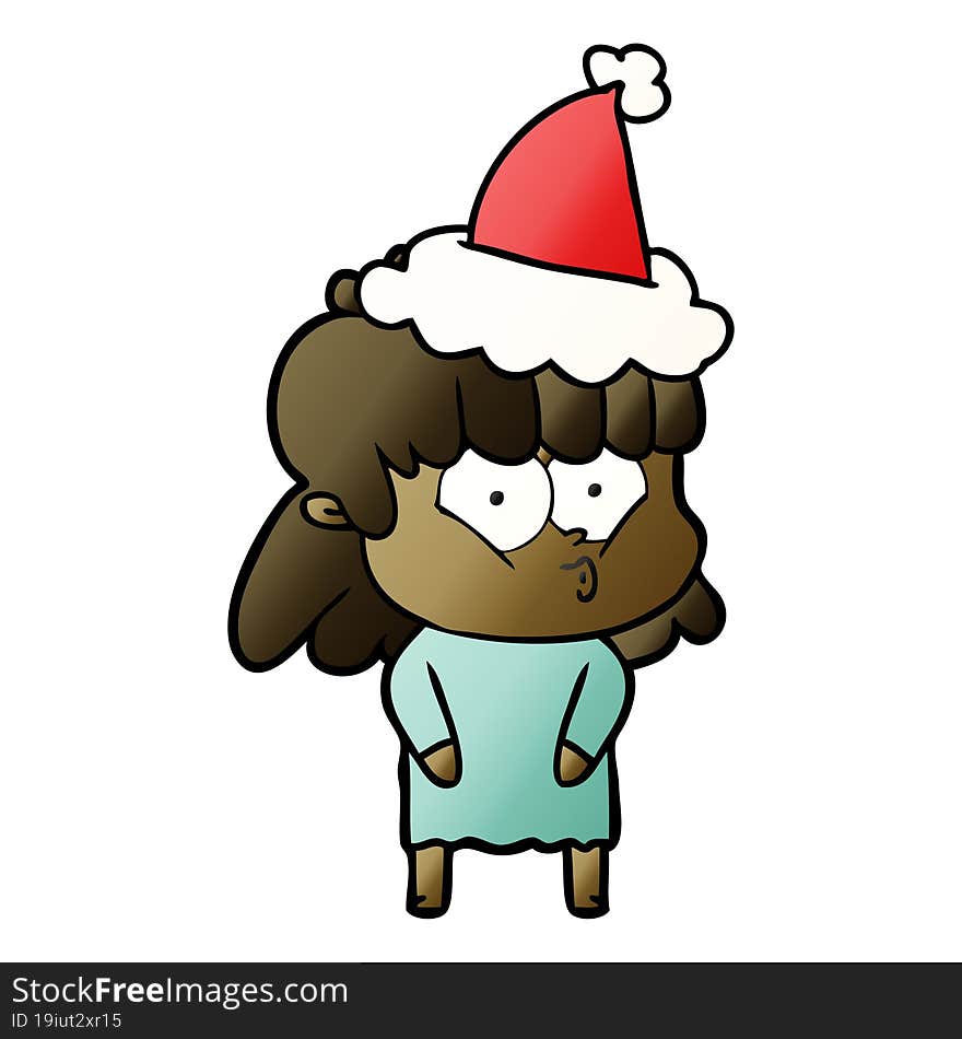 gradient cartoon of a whistling girl wearing santa hat