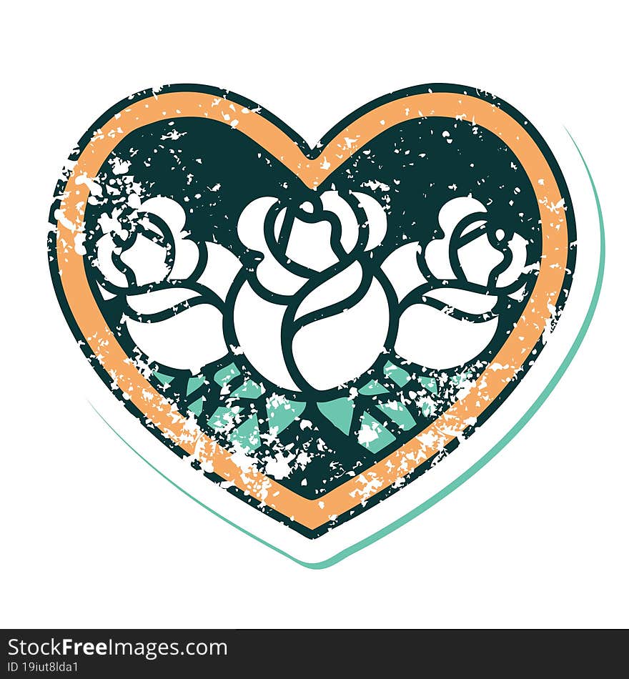 Distressed Sticker Tattoo Style Icon Of A Heart And Flowers