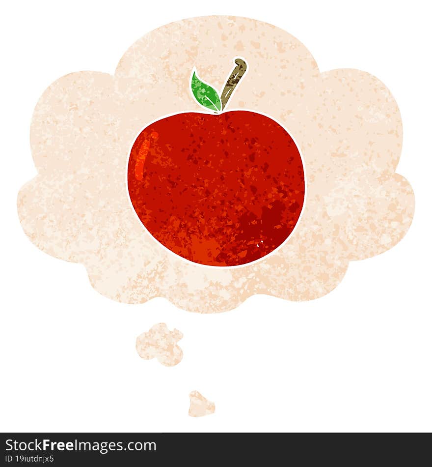 cartoon apple and thought bubble in retro textured style