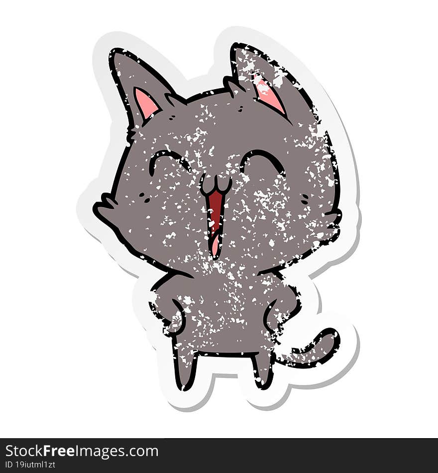 distressed sticker of a happy cartoon cat meowing