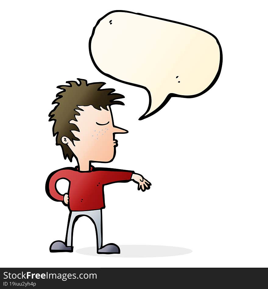 cartoon man making camp gesture with speech bubble