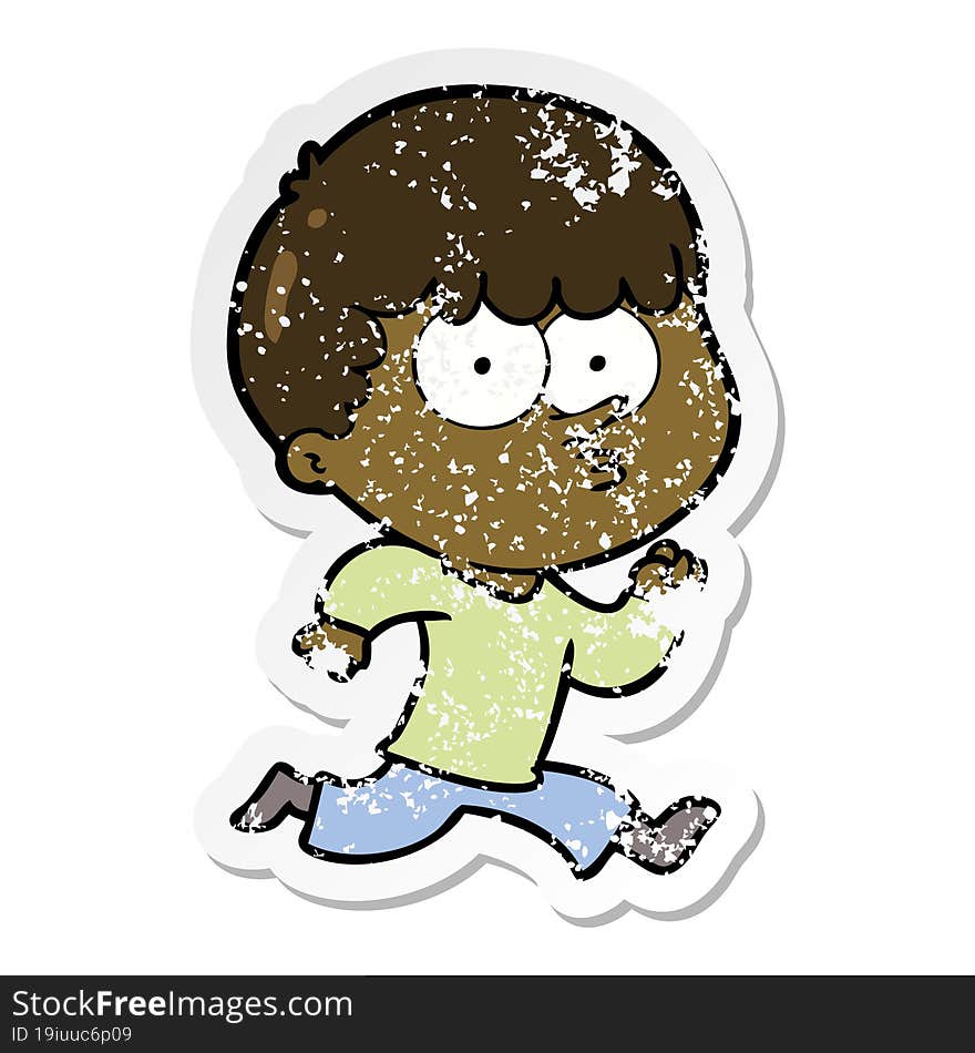 distressed sticker of a cartoon curious boy running