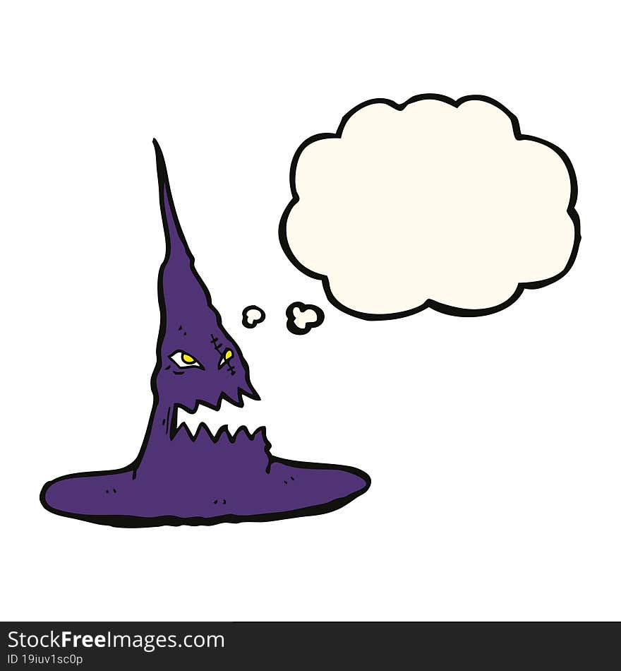 cartoon spooky witches hat with thought bubble