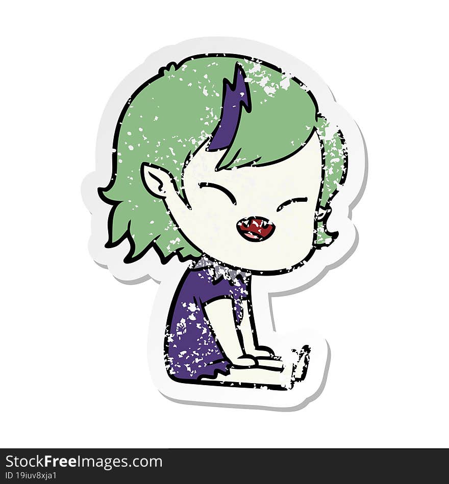 Distressed Sticker Of A Cartoon Laughing Vampire Girl Sitting